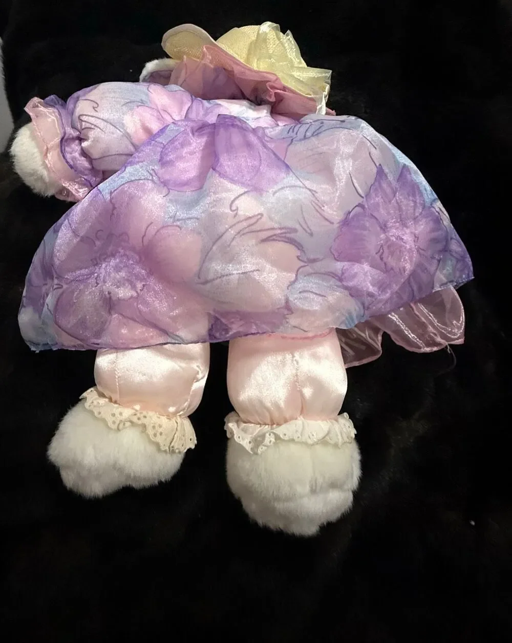 Vintage 1993 Plush Creations Tall White Bunny With Hat And purple Floral Dress